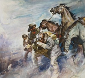 Hombres y caballos luchando contra una tormenta (gouache sobre papel) de James Edwin McConnell