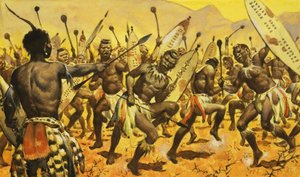 Guerreros zulúes obligados por Shaka a bailar en terreno espinoso de James Edwin McConnell