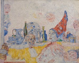 Pierrot y el esqueleto con túnica amarilla