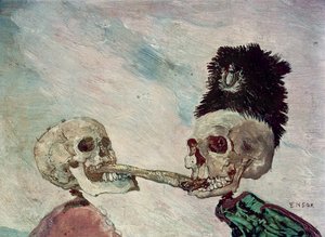 Esqueletos peleándose por un arenque (óleo sobre tabla) de James Ensor