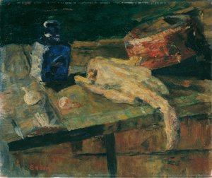 Bodegón con botella azul y pollo desplumado de James Ensor