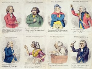 8 viñetas que representan la elocuencia, publicadas por Hannah Humphrey en 1795