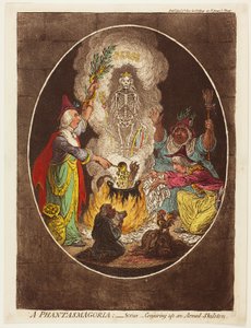 A Phantasmagoria - Escena - Conjurar un esqueleto armado de James Gillray