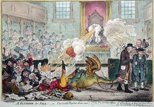 Un voto para Paul! o El pequeño sastre hecho polvo! es decir, los terribles efectos de provocar un disparo ardiente de la batería Whig de fondo ancho, publicada por Hannah Humphrey en 1807 de James Gillray