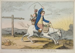Un Sol poniéndose en la Niebla, con el Viejo Hanover Hack defendiendo, publicado por J. Williams en 1783