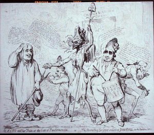 Alecto y su Séquito en la Puerta del Pandemonium, o El Sargento Reclutador alistando a John Bull en el Servicio de la Revolución de James Gillray