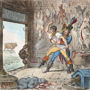 Boney y Talley, El día del ajuste de cuentas de los carniceros corsos - ¡Día sin cuartel!, pub. 1803 (grabado coloreado a mano)