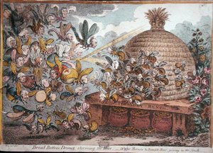 Drones de fondo ancho asaltando la colmena, avispas, avispones y abejorros uniéndose al ataque de James Gillray