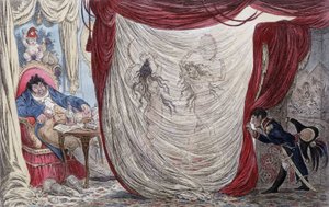 Caricatura sobre Napoleón, Paul Barras, Josefina y Mademoiselle de Fontenay, también llamada Teresa (Theresa o Terezia) Cabarrus, conocida como Madame Tallien (Talien) o estas damas bailan desnudas para Barras, bajo la mirada furtiva de Napoleón [Josefina 