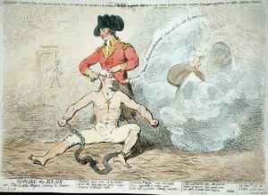 Enfriando el cerebro, o El pequeño alcalde afeitando al barbero de James Gillray