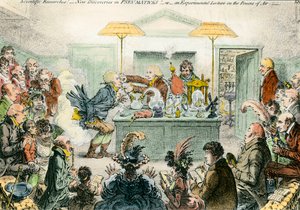 Sátira inglesa sobre la ciencia: nuevos descubrimientos en materiales neumáticos. Dibujo satírico sobre el entusiasmo por las conferencias científicas en el siglo XIX de James Gillray