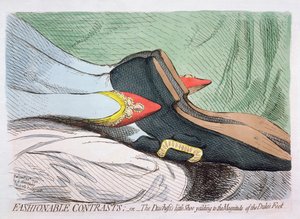 Contrastes de moda, o el pequeño zapato de la duquesa cediendo a la magnitud del pie del duque, publicado por Hannah Humphrey en 1792