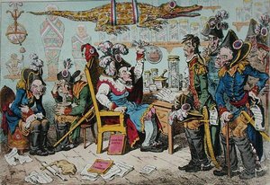 Generales franceses retirándose por motivos de salud con Lepaux presidiendo en el dispensario directorial de James Gillray