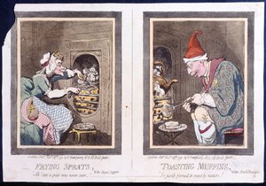 Freír espadines, o cena real, y tostar muffins, o desayuno real, publicado por Hannah Humphrey en 1791 de James Gillray