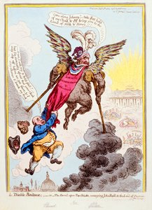 Le Diable-Boiteux, o El Diablo sobre Dos Palos Llevando a John Bull a la Tierra de la Promesa, publicado por Hannah Humphrey en 1806 de James Gillray