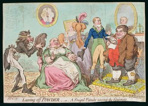 Dejando de Usar Polvo, o Una Familia Frugal ahorrando la Guinea, publicado por Hannah Humphrey en 1795