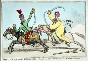 Mamlouk y Hussard Republicano, o Resultado General del Ataque de Bonaparte sobre la Retaguardia de Ibrahim Bey, publicado por Hannah Humphrey en 1799