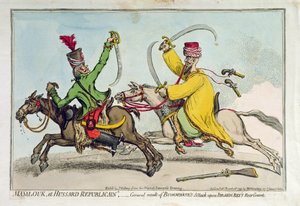 Mamlouk y Hussard Republicano, o resultado general del ataque de Bonaparte a la retaguardia de Ibrahim Bey, publicado por Hannah Humphrey en 1799 de James Gillray