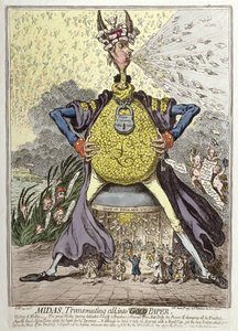 Midas transformando todo en oro, publicado por Hannah Humphrey en 1797 (aguafuerte coloreado a mano)