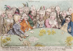 Hospitalidad moderna, o una fiesta amistosa en la alta sociedad, publicada por Hannah Humphrey en 1792