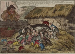 Más cerdos que tetas, o la nueva camada de gruñidores hambrientos, chupando a la vieja cerda de John Bull hasta la muerte, 9 de mayo de James Gillray