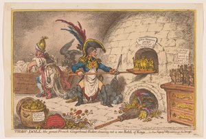 Napoleón hornea una nueva porción de reyes, 1806 Tiddy-Doll, el gran panadero francés de pan de jengibre; dibujando un nuevo lote de reyes (título en el objeto) de James Gillray