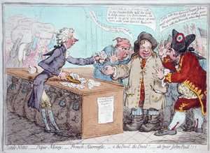 Apertura del Presupuesto, o John Bull entregando sus pantalones para salvar su Tocino, publicado por Hannah Humphrey en 1796 de James Gillray
