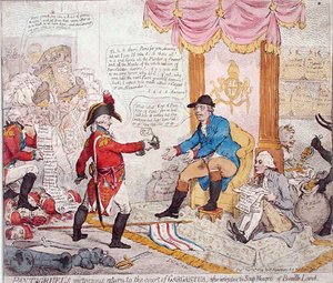 Regreso victorioso de Pantagruel a la corte de Gargantúa tras extirpar a los Soup-Meagres de Bouaille Land, publicado por Hannah Humphrey en 1794 (aguafuerte coloreado a mano). de James Gillray