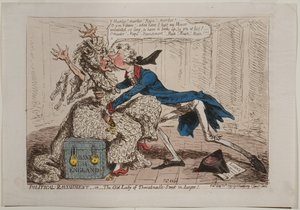 Ravishment político, o La vieja dama de Threadneedle Street en peligro!, publicado por Hannah Humphrey, 1797 de James Gillray