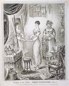Progreso del tocador, o vestido completo, publicado por Hannah Humphrey en 1810 de James Gillray