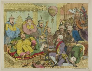 Recepción del diplomático y su suite, en la corte de Pekín de James Gillray
