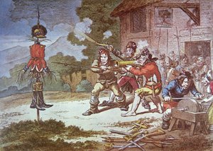 Sociedad de Irlandeses Unidos en entrenamiento contra el Ejército Británico de James Gillray