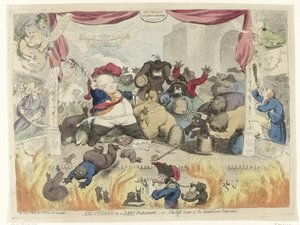 Caricatura del pánico entre los patriotas tras la recuperación del estatúder Guillermo V, 1787 Amsterdam en una situación difícil, - o - La última escena de la pantomima republicana (título sobre el objeto) de James Gillray