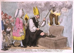 El Obispo de los Pantalones de un Tonel, o El Eveque Ardiente purificando la Casa de Oficio, publicado por Hannah Humphrey en 1792 de James Gillray