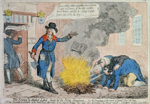 El libelo de Crown und Anchor quemado por el verdugo público, publicado por Hannah Humphrey en 1795 de James Gillray