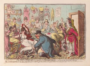 El hombre sensible en busca de lo indispensable; una escena en las pequeñas modistas francesas, pub. 1800 de James Gillray