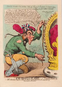 Los derechos del hombre, o Tom Paine, el pequeño sastre americano tomando la medida de la corona para un nuevo par de pantalones de revolución