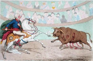 The Royal Bull-Fight, publicado por Hannah Humphrey en 1795 (grabado a mano) de James Gillray