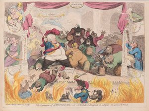 La rendición de Ámsterdam o El duque de Brunswick en un aprieto, pub. 1787 (grabado coloreado a mano) de James Gillray