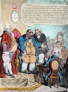 El patriota agotado o El último discurso moribundo del representante de Westminster en la reunión anual el 10 de octubre de 1800, celebrada en la taberna Shakespeare de James Gillray