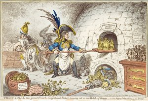 Tiddy-Doll, el Gran Hacedor de Pan de Jengibre Francés, Sacando un Nuevo Lote de Reyes. Su Hombre, Hopping Talley, Mezclando la Masa de James Gillray