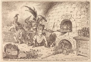 Tiddy-Doll, la gran repostera de pan de jengibre, preparando una nueva tanda de Reyes Magos de James Gillray