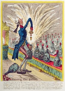 Descorchando el viejo jerez, publicado por Hannah Humphrey en 1805 de James Gillray