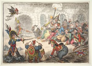 Conscritos de Westminster bajo la Ley de Entrenamiento, 1806 (grabado coloreado a mano) de James Gillray