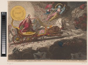 William Pitt verdrift de duistere kracten, 1795 Luz Expulsando la oscuridad, - evaporación de las exhalaciones estigias, -o- El sol de la constitución, elevándose por encima de las nubes de la oposición (título sobre el objeto) de James Gillray
