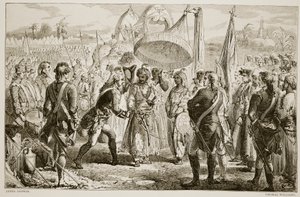 El encuentro de Lord Clive con Meer Jaffier, después de la Batalla de Plassey, grabado por Thomas Williams de James Godwin
