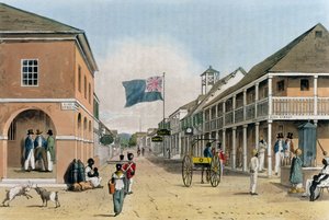 Vista de Harbour Street, Kingston, Jamaica, de "Un tour pintoresco por la isla de Jamaica", grabado por Thomas Sutherland de James Hakewill