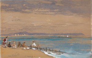 Escena de playa con figuras junto a un rompeolas de James Holland