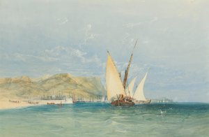 Escena costera con veleros