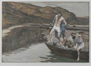 San Pedro alertado por San Juan de la presencia del Señor se lanza al agua, ilustración de La vida de nuestro Señor Jesucristo, 1886-94